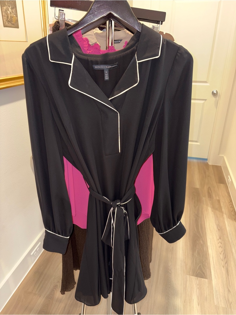 WHBM Black White Dress Shirt Dress Tie Waist Sz 12